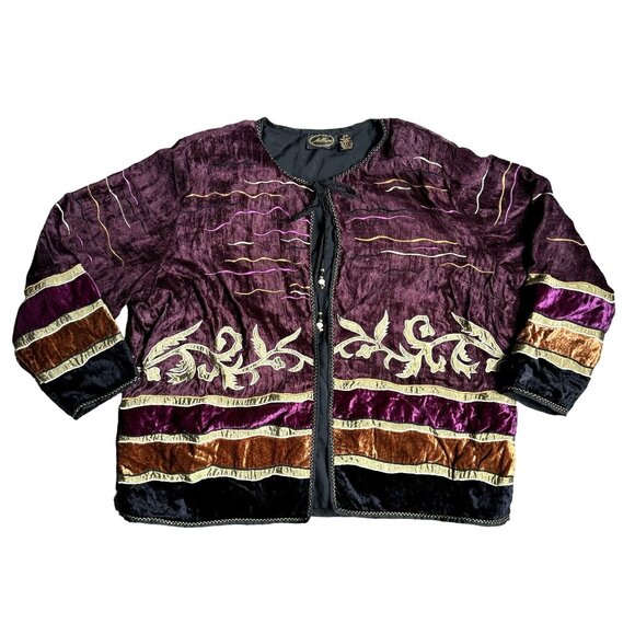 Vtg Boho Chic Velvet Jacket Embroidered Floral Patchwork Allure 2X Womens Gypsy - Picture 1 of 8